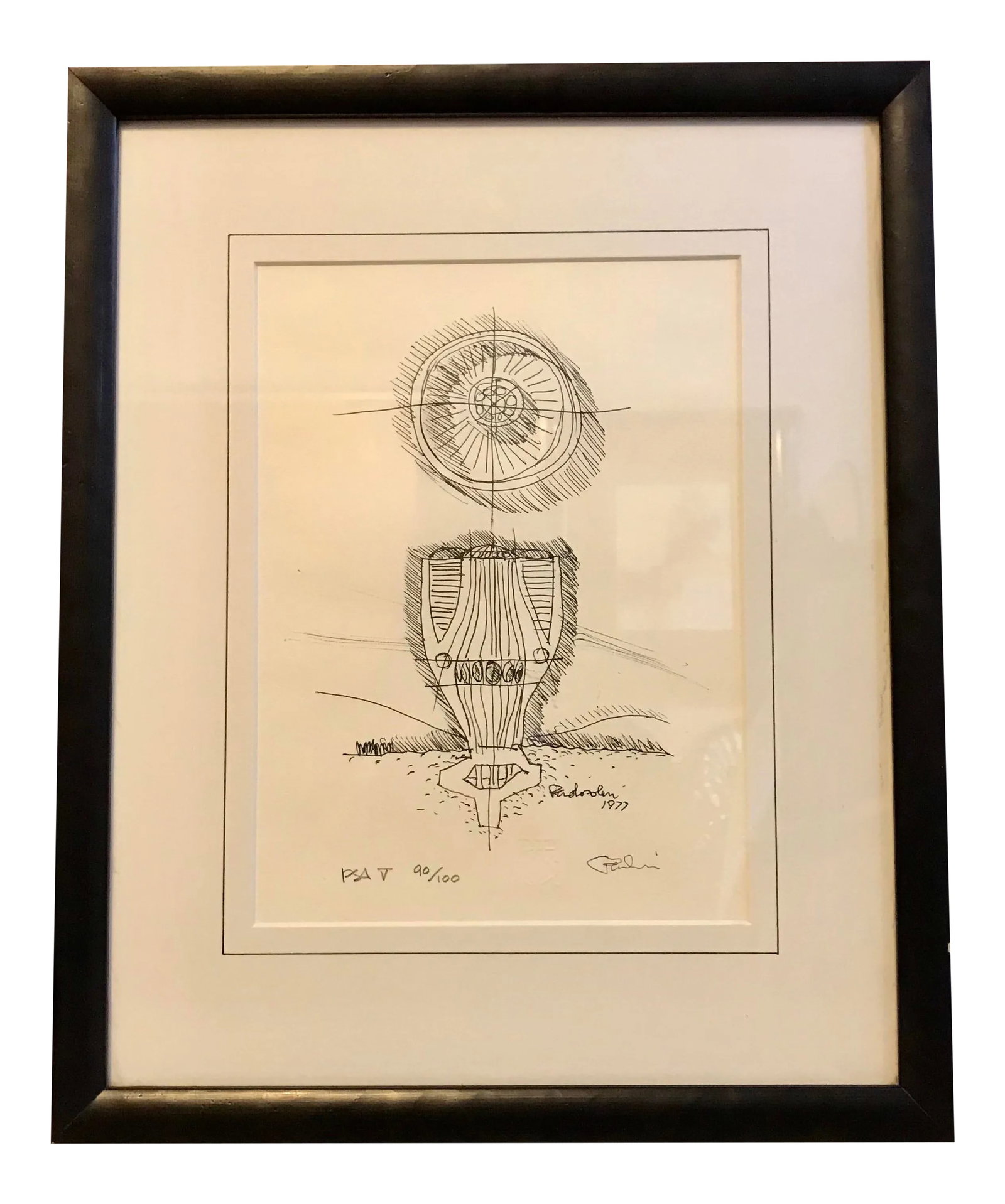 Paolo Soleri Sketch Lithograph: Rare sketch lithograph by Paolo Soleri drawn in 1977 then released for a very limited edition of 100 in 1998. Thies piece is hand signed by Soleri and is numbered 90 of 100. Condition: Alterations: