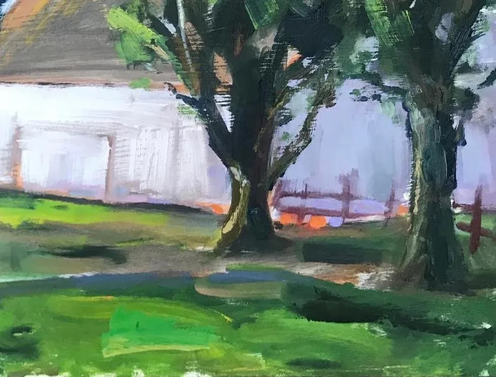 White Barn, Modern Oil Painting Landscape: Quiet Places & Farm Views - Rush Ranch Barn Original oil painting by L. Haas, 11 x 14 in unframed masonite panel, signed. A peaceful plein air impressionist landscape of the historic Rush Ranch barn