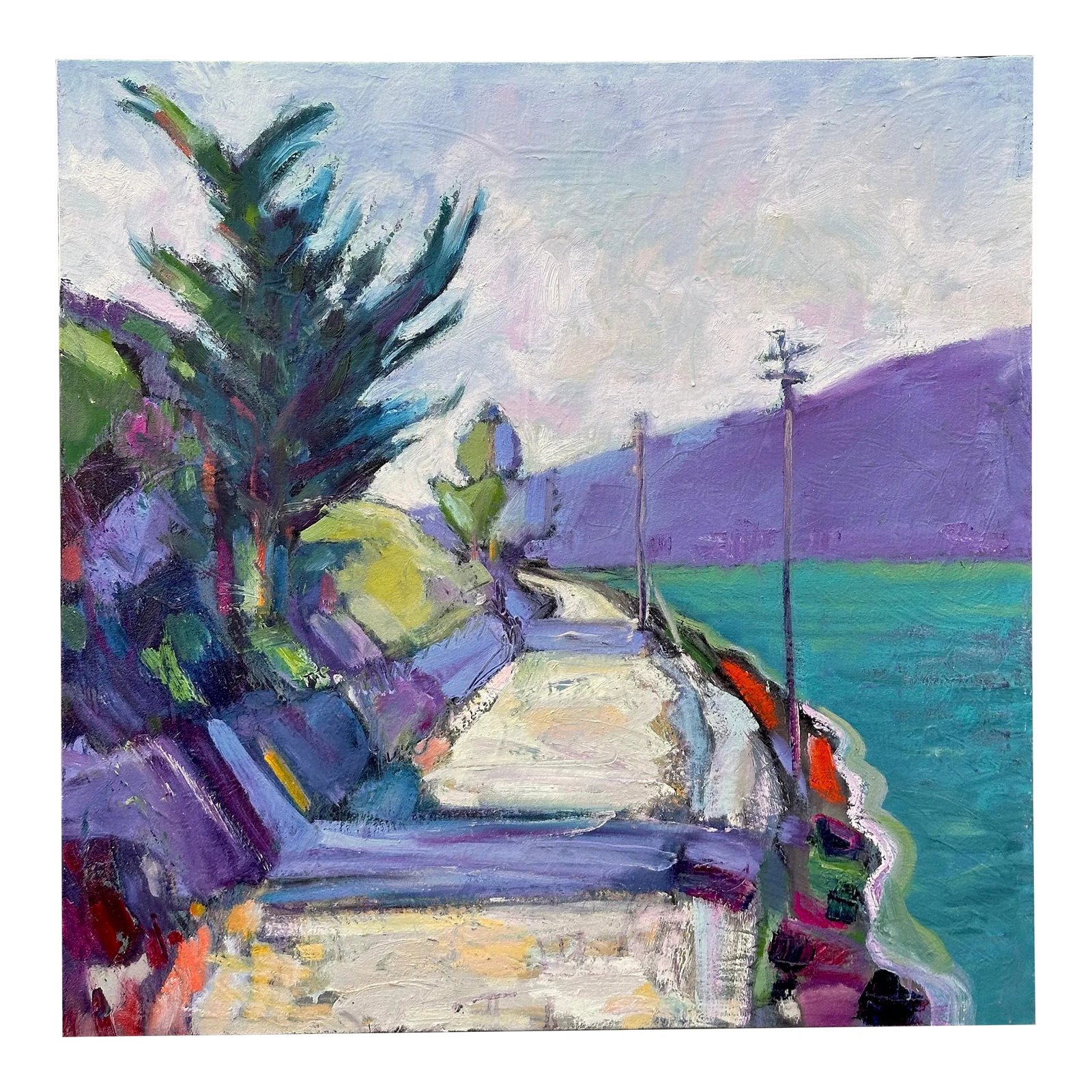 Expressionist Landscape San Francisco Bay Painting Hartman: This painting was done on location on a 30" square stretched canvas. The path along the bay by the Berkeley Marina adds a lot of depth to this wall decor. Condition: Imperfections: No Imperfections