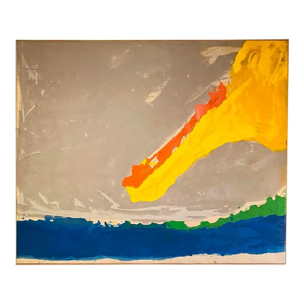 1980s Monumental Vintage Abstract Colorfield Painting: Monumental vintage abstract colorfield painting on canvas, dated 1985. Unsigned. Framed in a light wood lath frame. Stunning and vibrant colors. Strong Helen Frankenthaler vibes. The monumental size