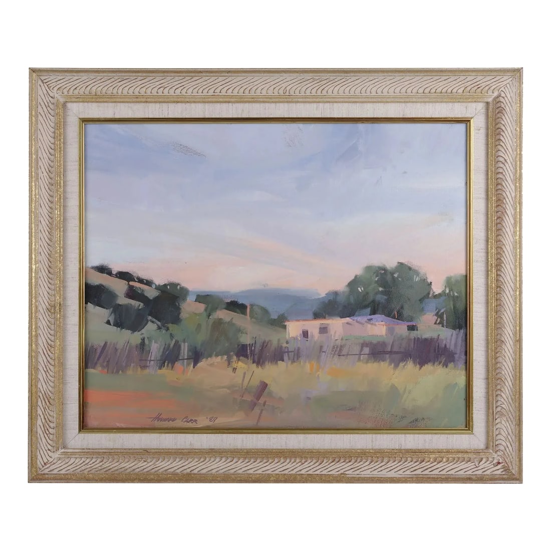 Howard Carr Ranch House and Field Oil Painting, Framed: Vintage Howard Carr Ranch House and Field oil painting, circa 1989. This vintage Howard Carr painting comes framed as shown. Dimensions 15.5"H x 19.5"W (Image); 21"H x 25"W x 1.5"D (Frame) Condition: