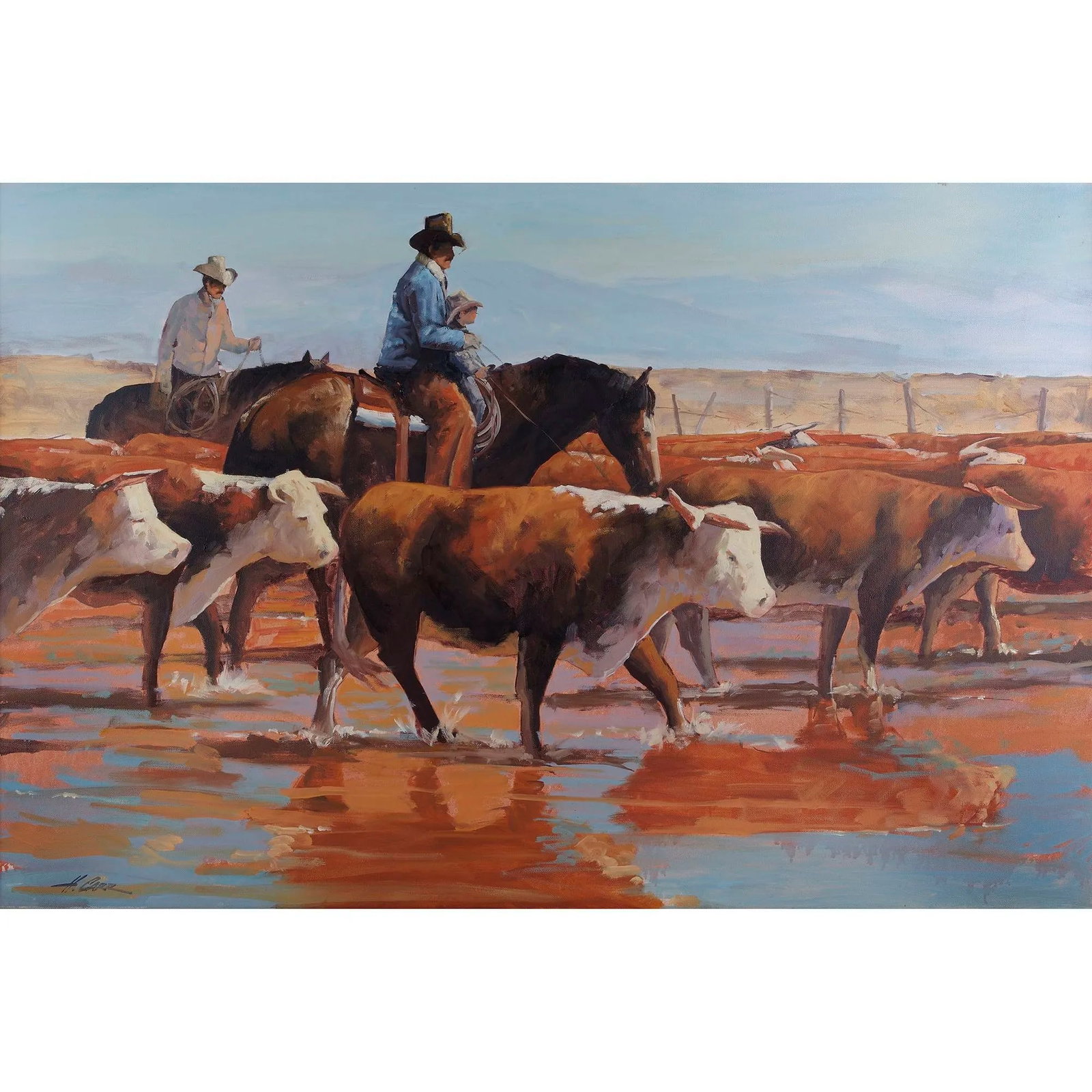 Vintage Howard Carr Herding Cattle With Child Oil Painting - 2