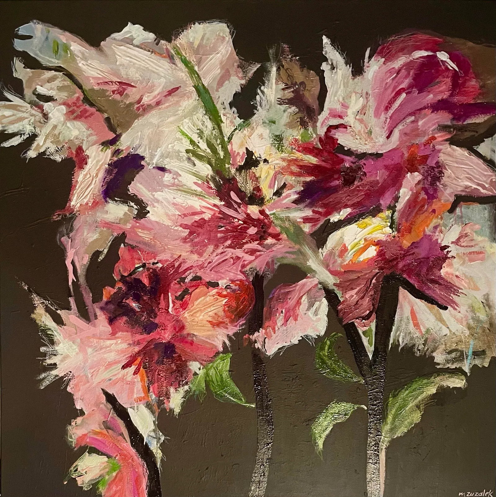Modern Large Floral Pink Abstract 'Jardin Passionne' Original Painting: "Jardin Passionate" is a large abstract modern floral painting. It's a lively, rose-and-pink abstract filled with the energy of a blooming garden. Bold floral shapes, thick paint and rich textures cre