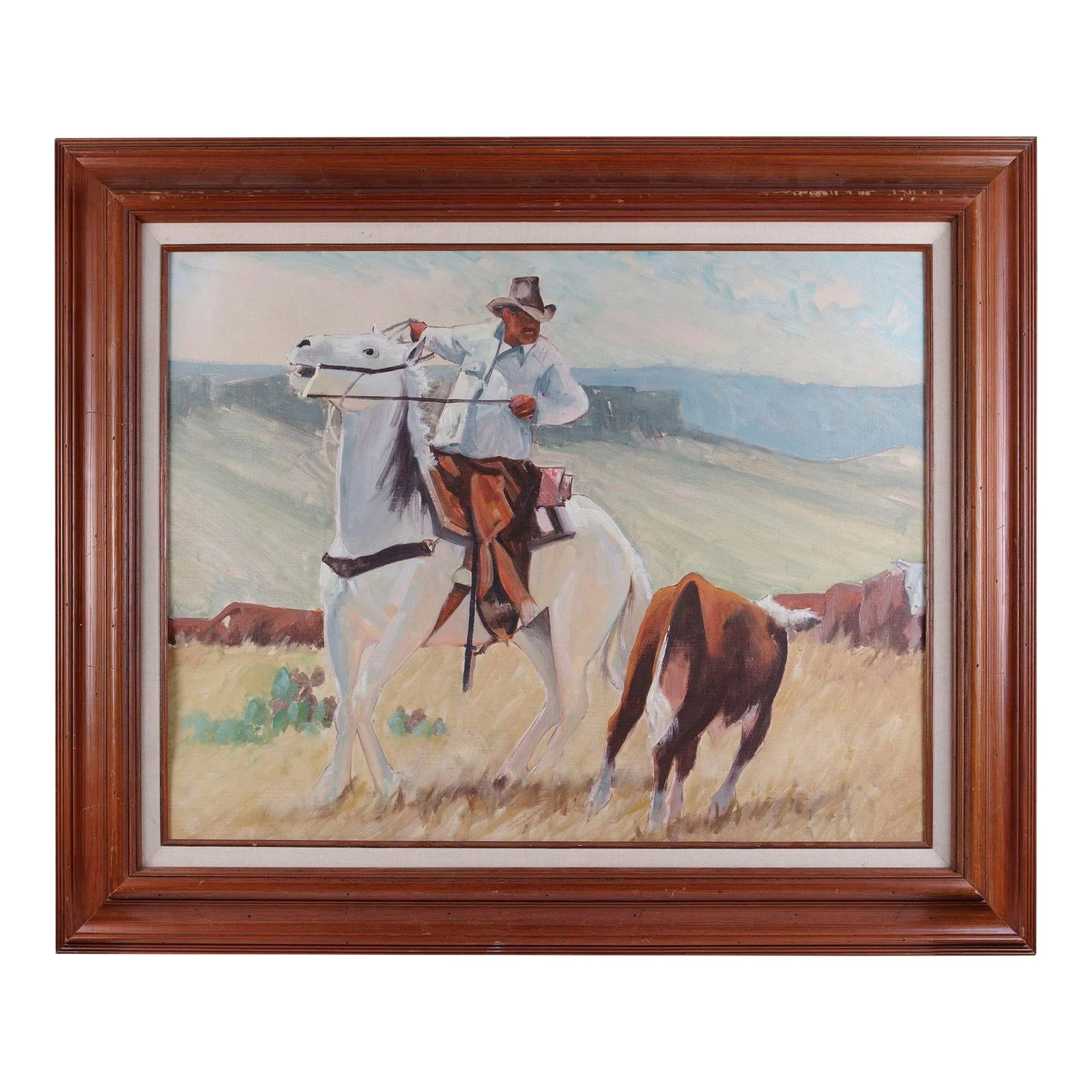 Vintage Unsigned Cowboy on Plains Oil Painting: Vintage unsigned Cowboy on Plains oil painting, circa 1980-90. This vintage painting is attributed to Howard Carr and comes framed as shown. Note slight warp on lower left. Dimensions 21.5"H x 27.5"W 