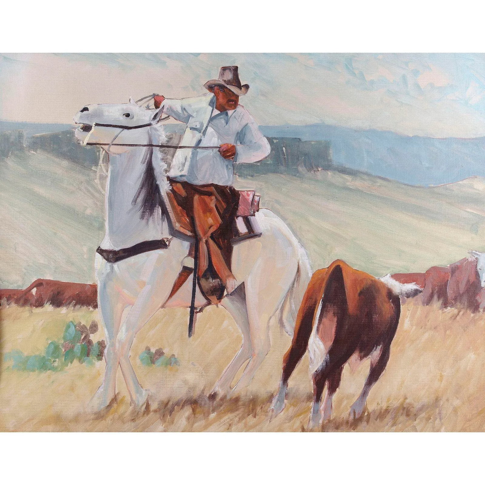 Vintage Unsigned Cowboy on Plains Oil Painting - 2