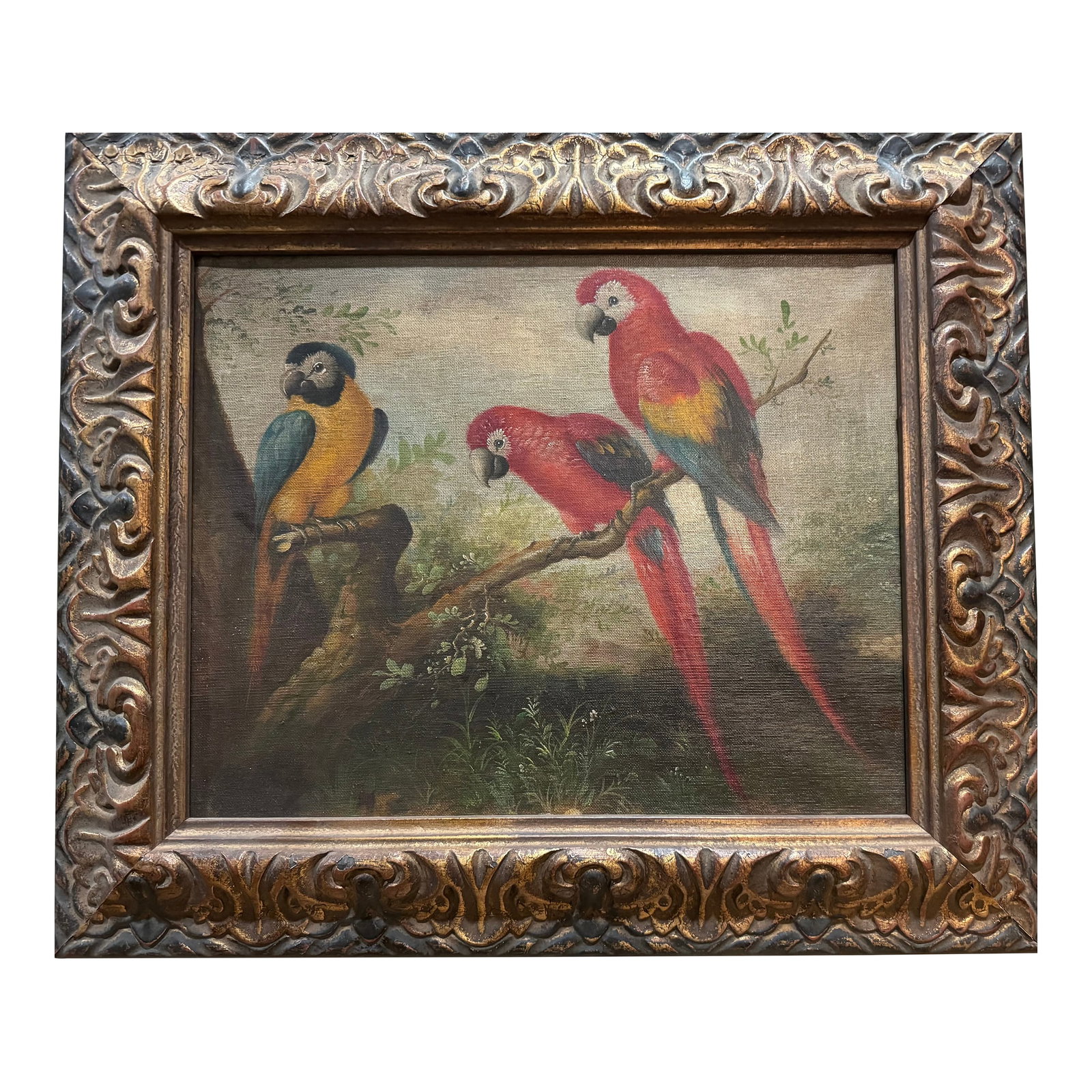 19th Century Painting of Exotic Birds in Landscape: Beautiful 19th C. oil on canvas of exotic birds in landscape. Framed in later Italian Munn frame. Condition: Alterations: Restored Imperfections: Some Imperfections Condition Notes: Good antique condi