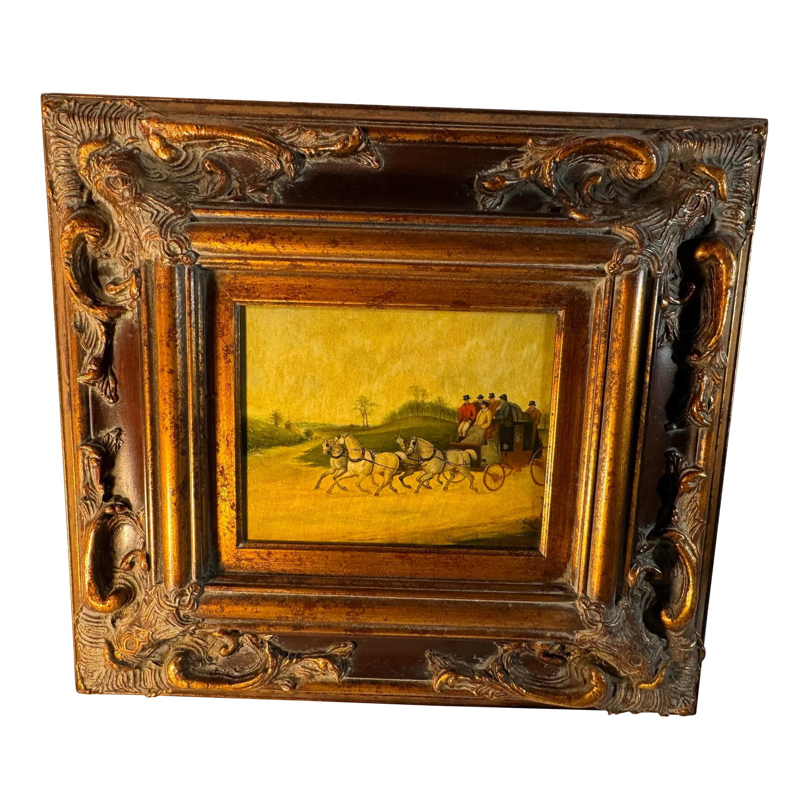 N Bingham Stagecoach and 4 Horses Original Oil Painting on Panel in Ornate Frame: Original oil painting by N Henry Bingham. Image of a coach w 4 horses. Lovely gilt ornate wood and gesso frame. 21" x 19.5" Image seems of the 1800's. ITEM ID- 11LLEE EE 7693 Condition: Alterations: