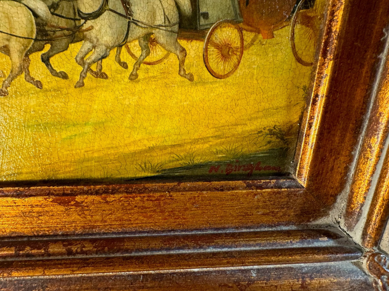 N Bingham Stagecoach and 4 Horses Original Oil Painting on Panel in Ornate Frame - 2