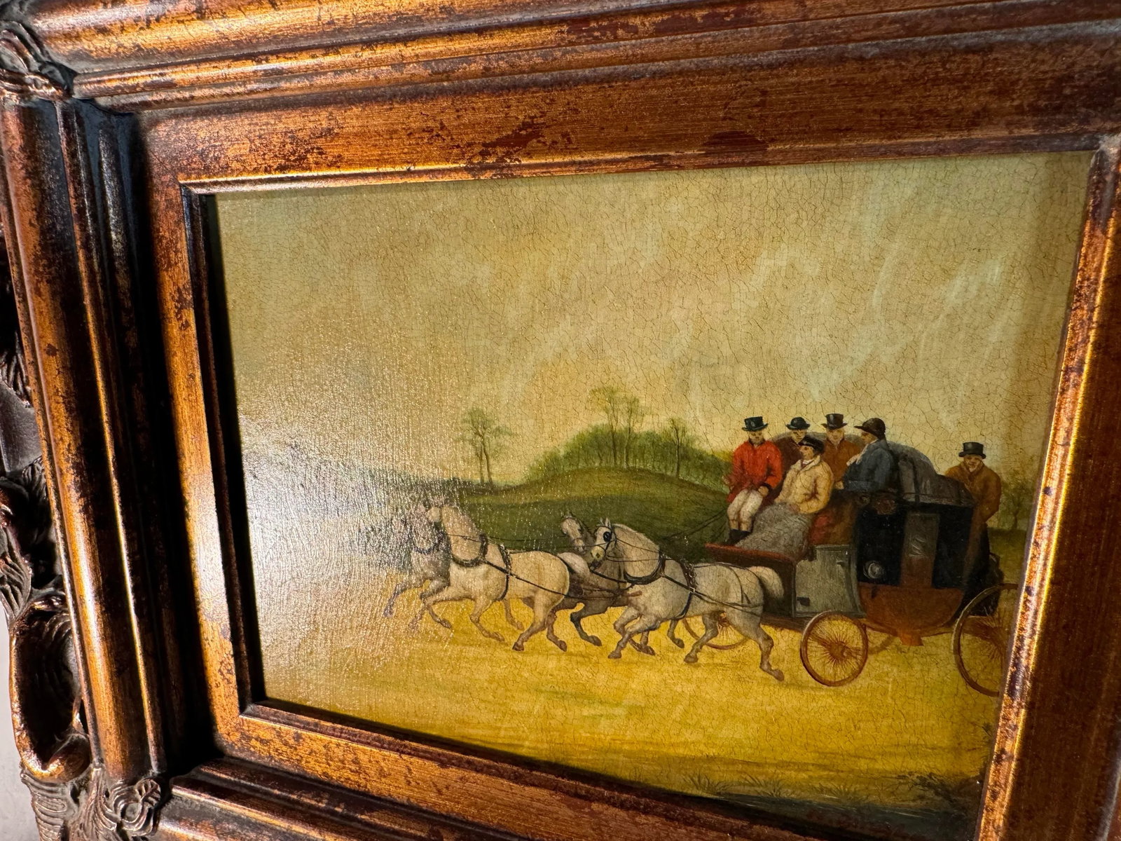 N Bingham Stagecoach and 4 Horses Original Oil Painting on Panel in Ornate Frame - 8