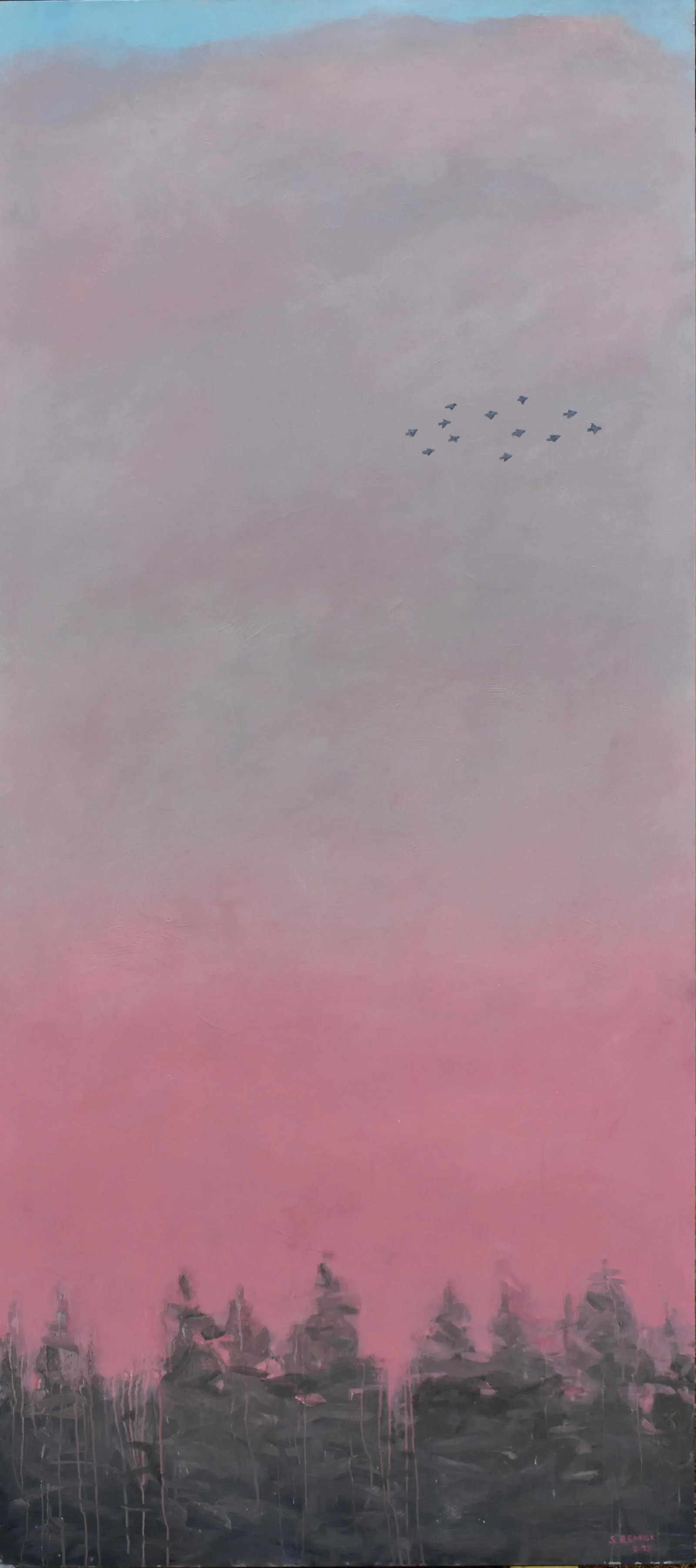 A Small Flock at Sunrise, Large Contemporary Painting by Stephen Remick: A fleeting moment was all that was needed for inspiration as I literally opened the door to a new day and caught a glimpse of a small flock of birds crossing the sky at sunrise. I layered hues of