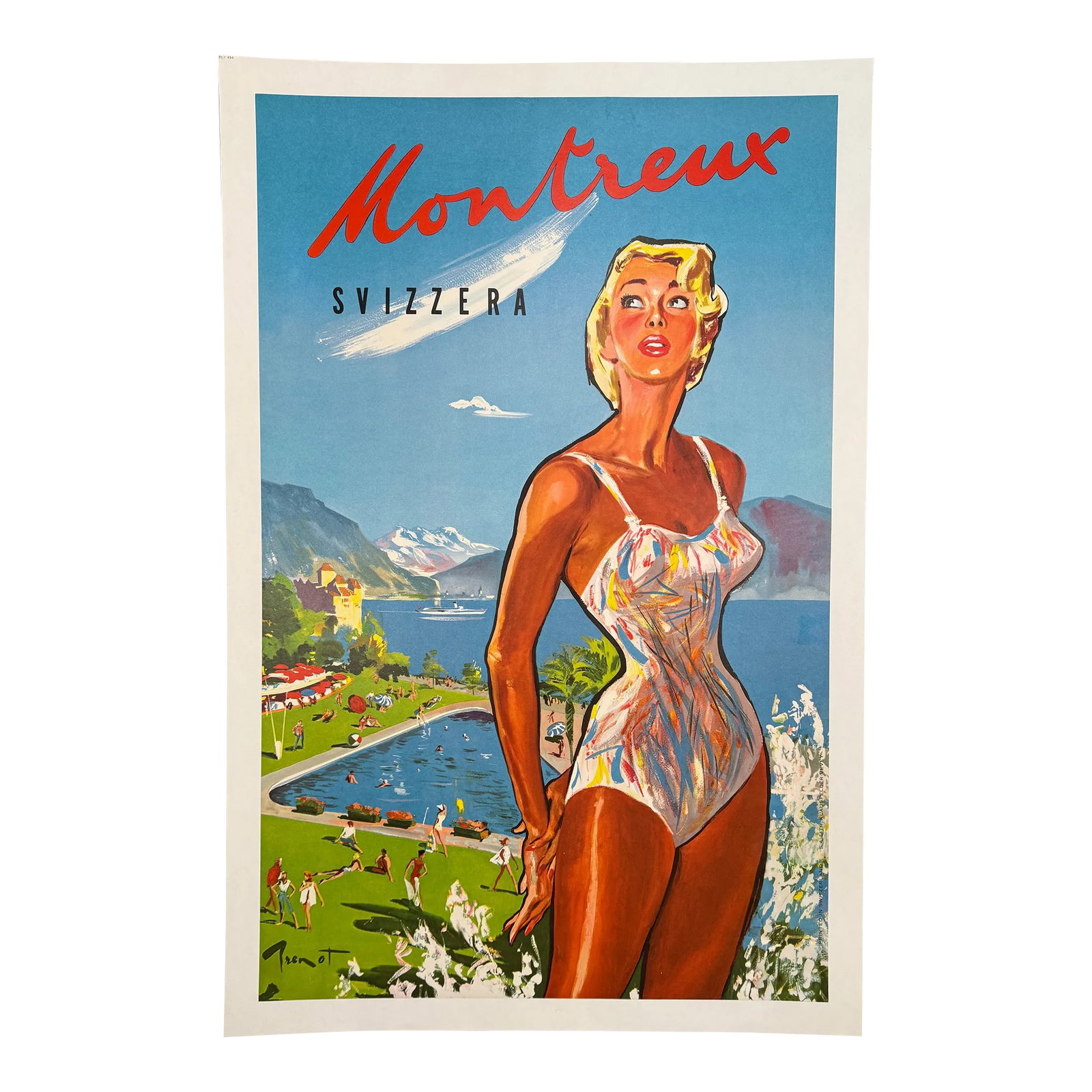 Swiss Travel Poster Montreux by Pierre Brenot Circa 1950 View Mont Blanc Lake Geneva: Title : MONTREUX Switzerland Artist: BRENOT Pierre Laurent Date: c.1955, Printer: S.A. Lith. Klausfelder, Vevey, Switzerland Size: 40 x 25in. (102 x 64cm.) Print TypeOffset Lithograph Condiiton Excell