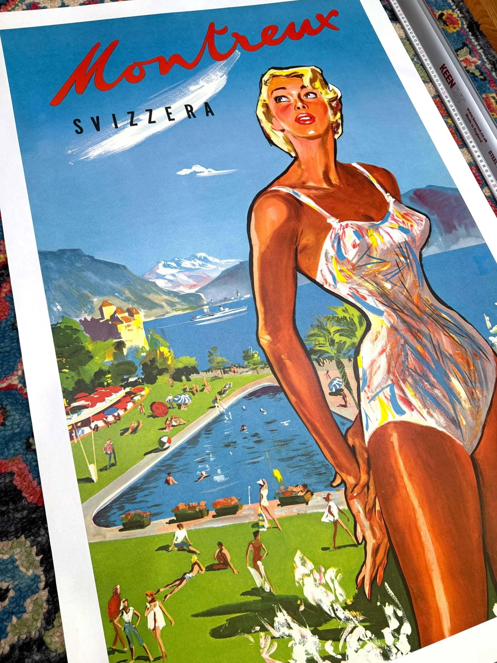 Swiss Travel Poster Montreux by Pierre Brenot Circa 1950 View Mont Blanc Lake Geneva - 4