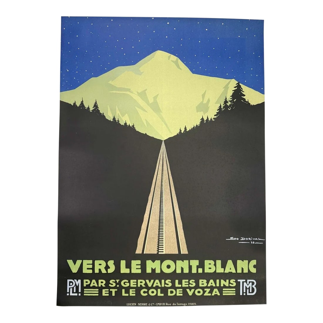Vers Le Mont Blanc Night Geo Dorival 1928 Original Vintage French Travel Poster: VERS LE MONT BLANC BY GEORGES DORVIAL 1928 NIGHT VERSION Artist DORIVAL, GEORGES Printer LUCIEN SERRE, Paris Size 29,5 X 41 " / 75 X 104CM On / Off linen ON linen Year 1928 Condition & Comments