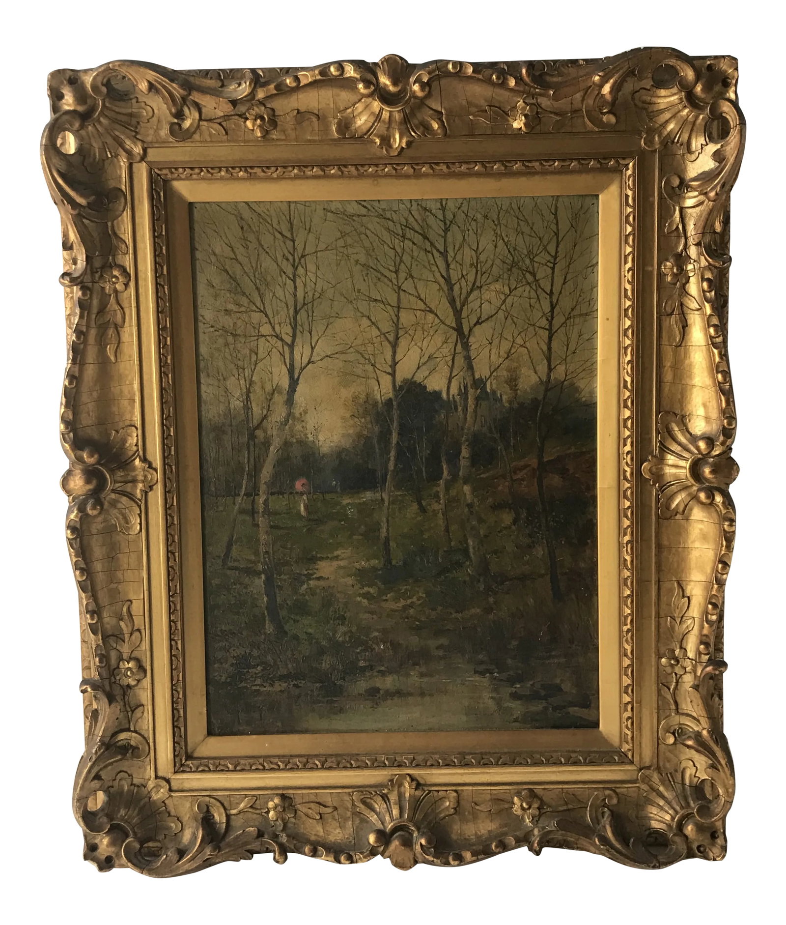 19th C. Woodland Oil on Board: Beautiful oil on board painting of woodlands signed bottom left corner, E Jones. In original gilt frame. Louis Katz Art Gallery Label on the back. Condition: Alterations: Original Condition Unaltered