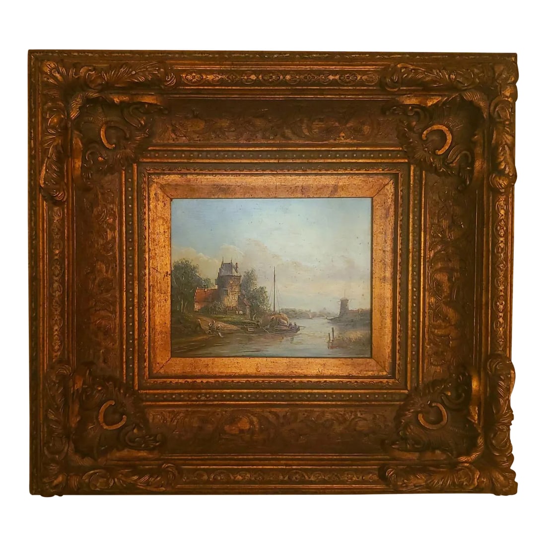Late 20th Century Stunning Original Painting by Humphrey, Mounted in a Beautiful Ornate Frame, Impre: Original Oil Painting, Signed by Humphrey in Red, on Wood, Old World Frame 21" * 22 1/2" Signed Art Artwork Landscape, River, Tree Oil Painting on Canvas by South Korean Artist Humphrey (born S. H.