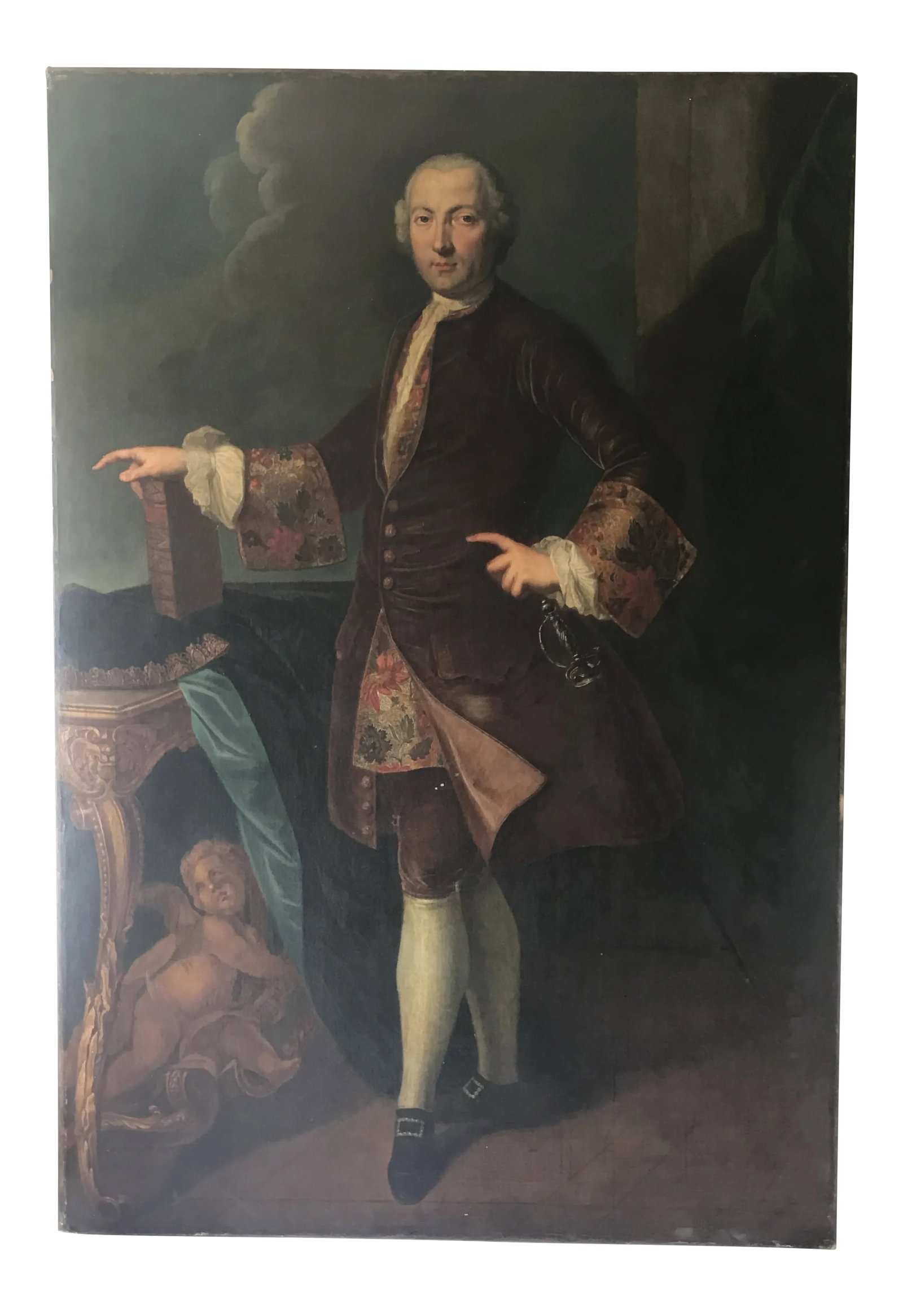 18th Century Life Sized Attributed Bonnie Prince Charlie Oil on Canvas Portrait: Beautiful 18th century life size oil on canvas portrait, attributed to be Bonnie Prince Charlie. Painting was relined in the 1800's. Unsigned on canvas with early gallery labels on original stretcher 