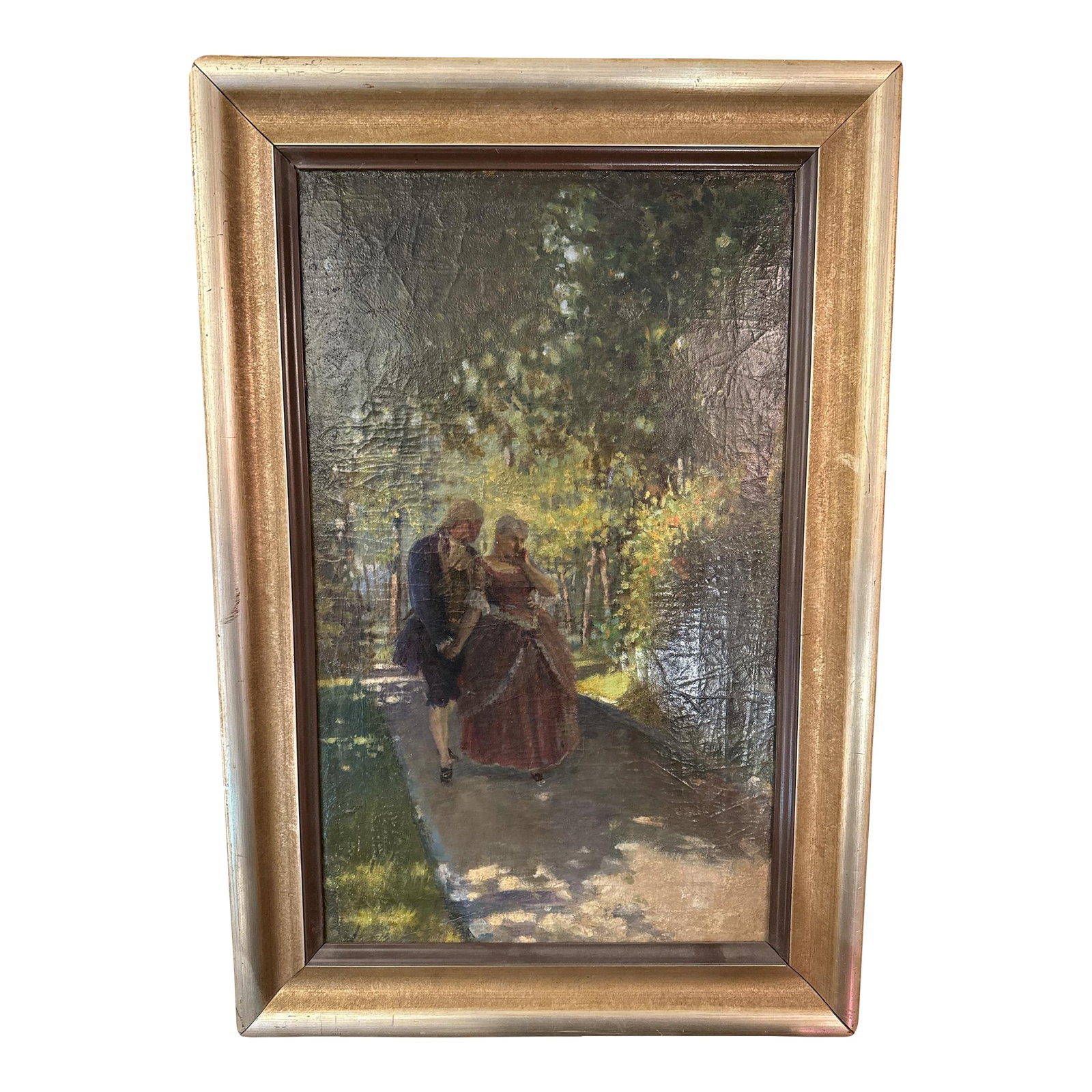 19th Century French Oil Painting on Canvas: This exquisite 19th Century French oil painting captures a romantic and serene moment of a couple strolling through a lush park. Rendered in rich, vibrant hues and masterfully painted on canvas, the