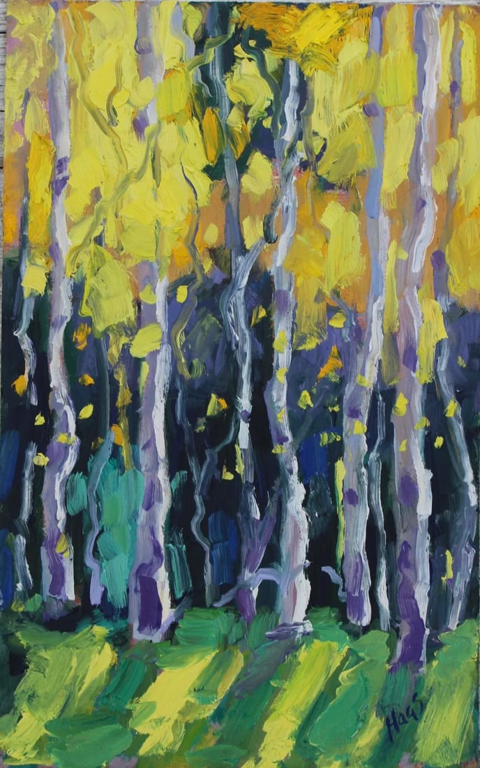 Aspen Glow, Expressionist Oil Painting: Quiet Places & Forest Light - Aspen Glow Original oil painting by L. Haas, 7.5 x 12 in unframed prepared masonite panel, signed. A calm landscape with glowing autumn light and soft impressionist tones
