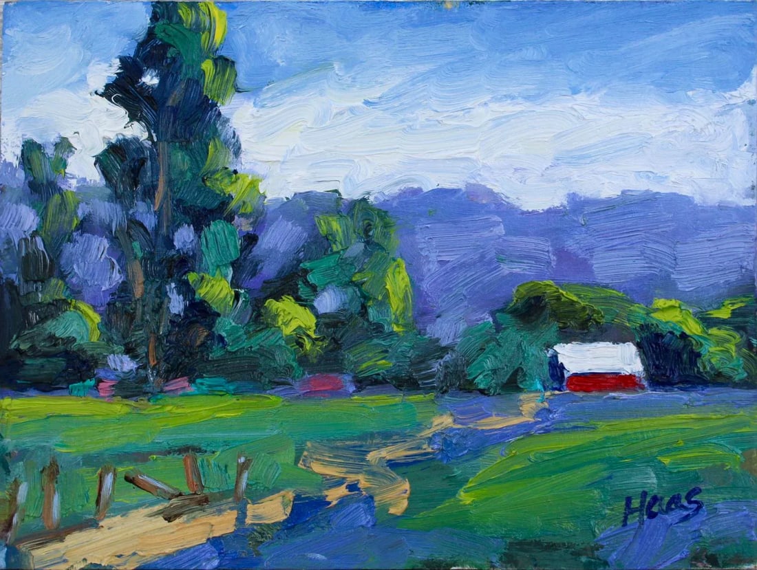 Red Barn, Expressionist Oil Painting: Quiet Places & Farm Views - Green Valley Red Barn Original oil painting by L. Haas, 6 x 8 in unframed gessoed masonite panel, signed. A small impressionist landscape of a red barn in a green valley