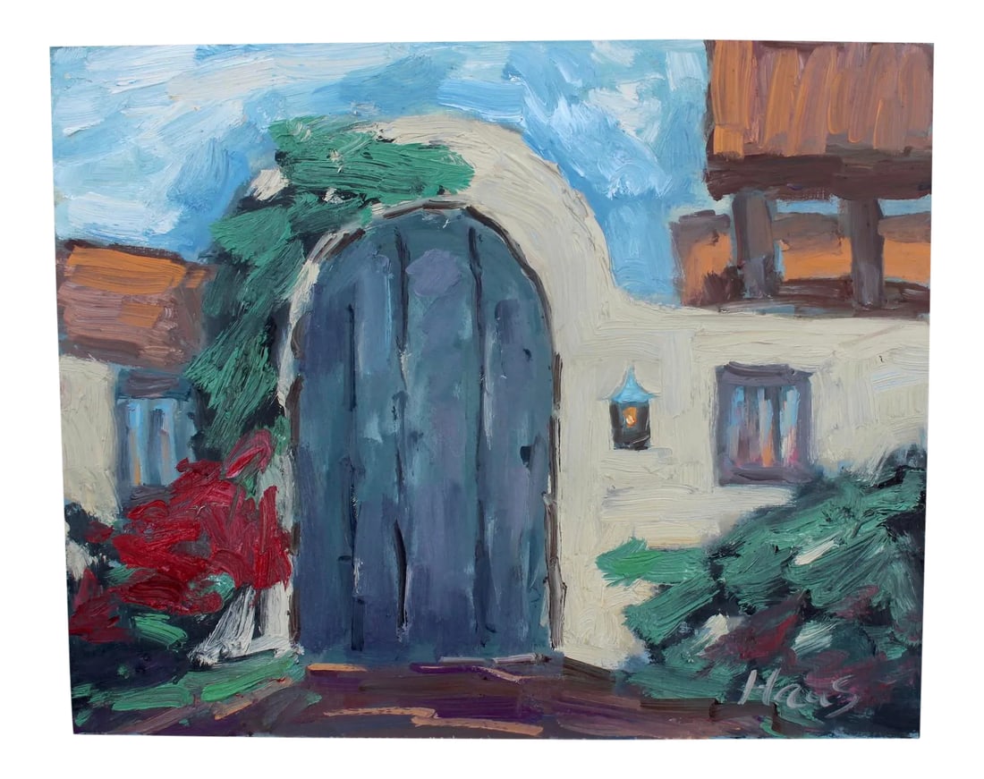 Carmel by the Sea, Garden Door (Original Oil Landscape): Quiet Places & Coastal Doorways - Carmel by the Sea Garden Door Original oil painting by L. Haas, 10 x 8 in unframed gessoed masonite panel, signed. A charming impressionist landscape of a garden