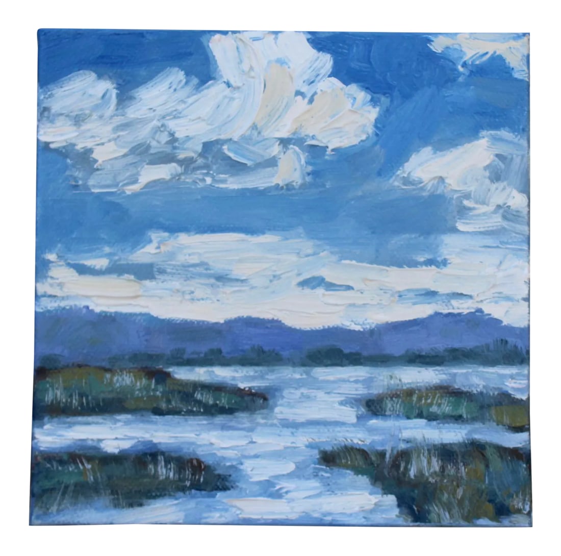 Expressionist Cloudscape in Oil, Rush Ranch Wetlands: Quiet Places & Landscapes - Rush Ranch Wetlands Original oil painting by L. Haas, 6 x 6 in unframed gallery canvas, signed. A calm impressionist landscape of Rush Ranch wetlands with soft tones and