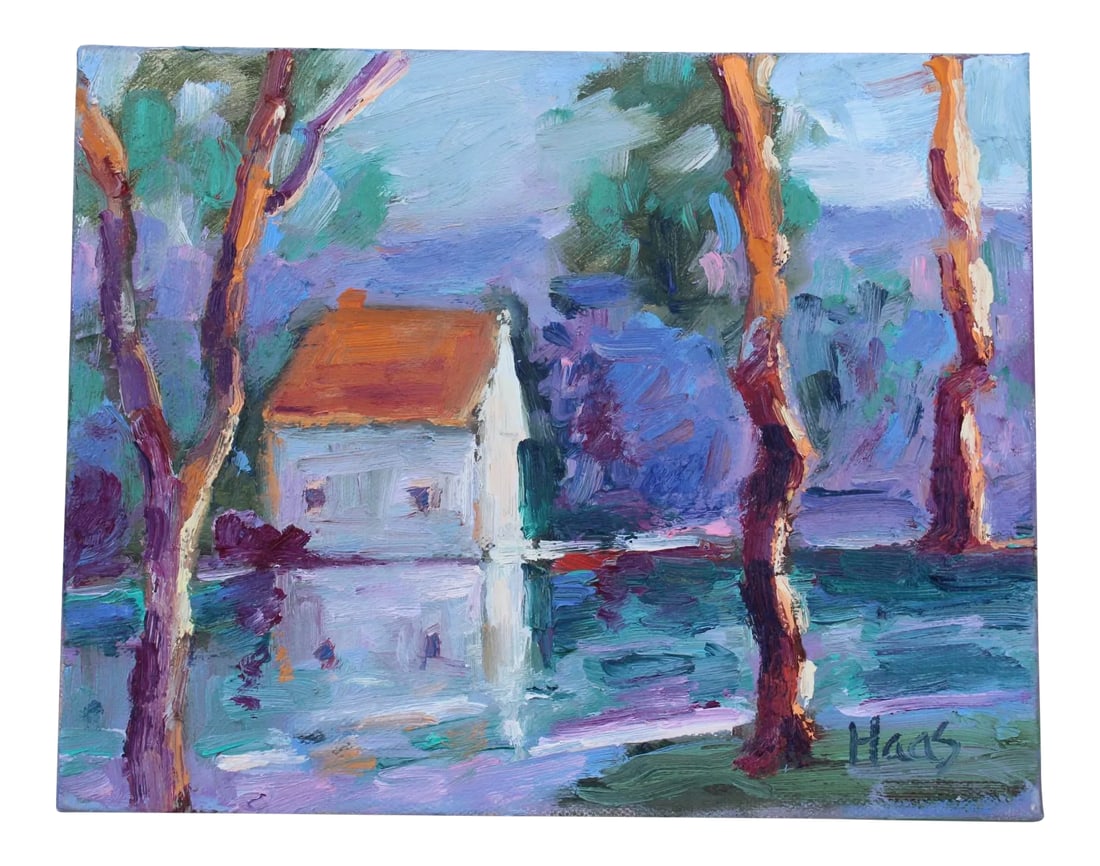 Contemporary Impressionist Morning Light at the Pond "After" Ted Goerschner: Quiet Places & Coastals - Morning Light at the Pond "After" Ted Goerschner Original oil painting by Haas, 10 x 8 on gallery wrapped canvas, signed. Breathe in the quiet, awakening energy of the day
