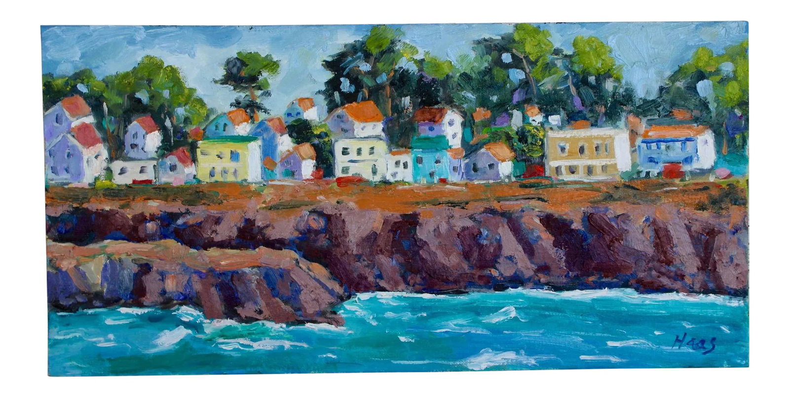 Mendocino Village Impressionist Oil Seascape: Quiet Places & Coastal Views - Mendocino Village Original oil painting by L. Haas, 8 x 16 in unframed canvas panel, signed. A calm impressionist seascape of Mendocino Village on the Northern Californi