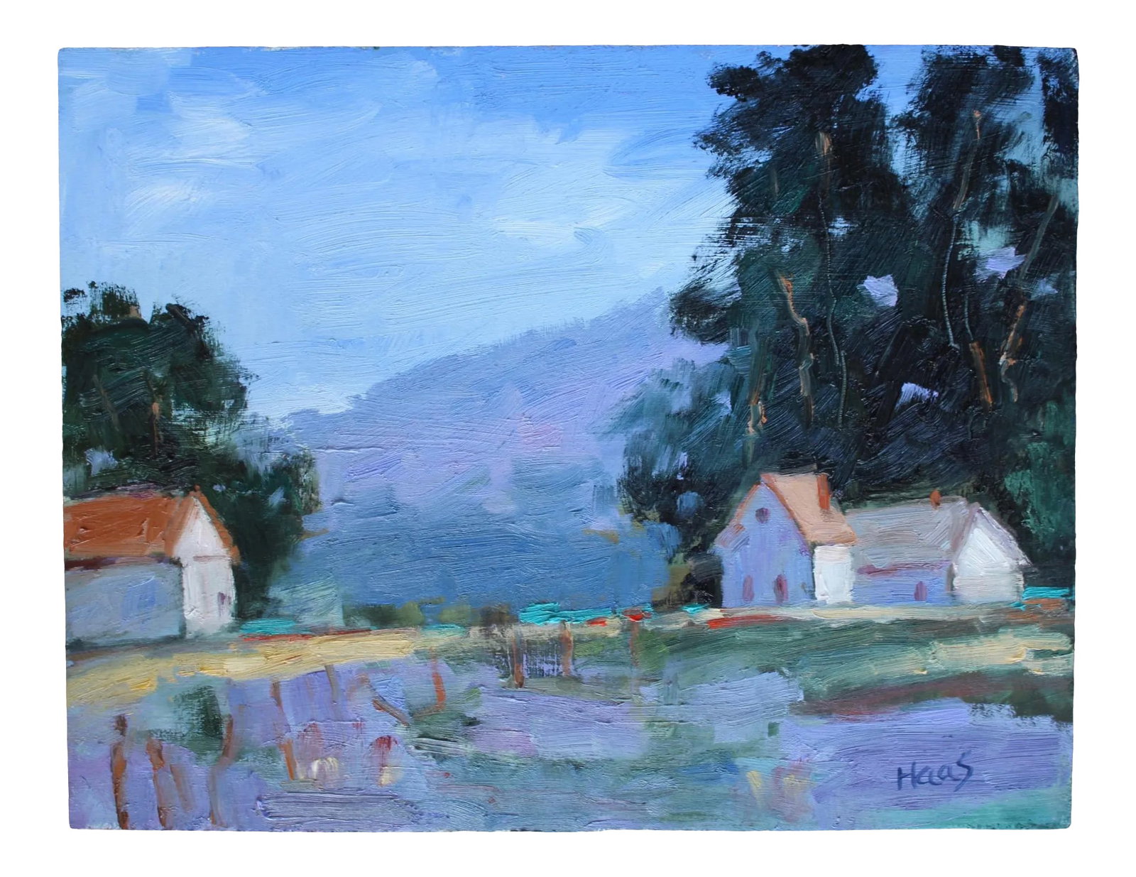 Mendocino, Expressionist Oil Landscape Painting: Quiet Places & Journeys - Mendocino Plein Air Original oil painting by L. Haas, 11 x 14 in unframed gesso-primed panel, signed. A quiet impressionist landscape painted outdoors around Mendocino on a c