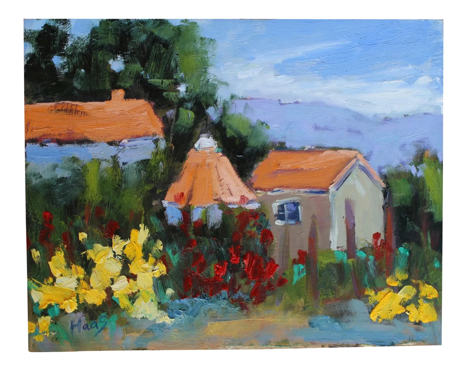 Sonoma Farm, Plein Air Oil Painting Landscape: Quiet Places & Journeys - Sonoma Farm Original oil painting by Lisa Haas, 14 x 11 unframed masonite, signed. A vibrant plein air landscape painted on location at a friend's farm in Sonoma,