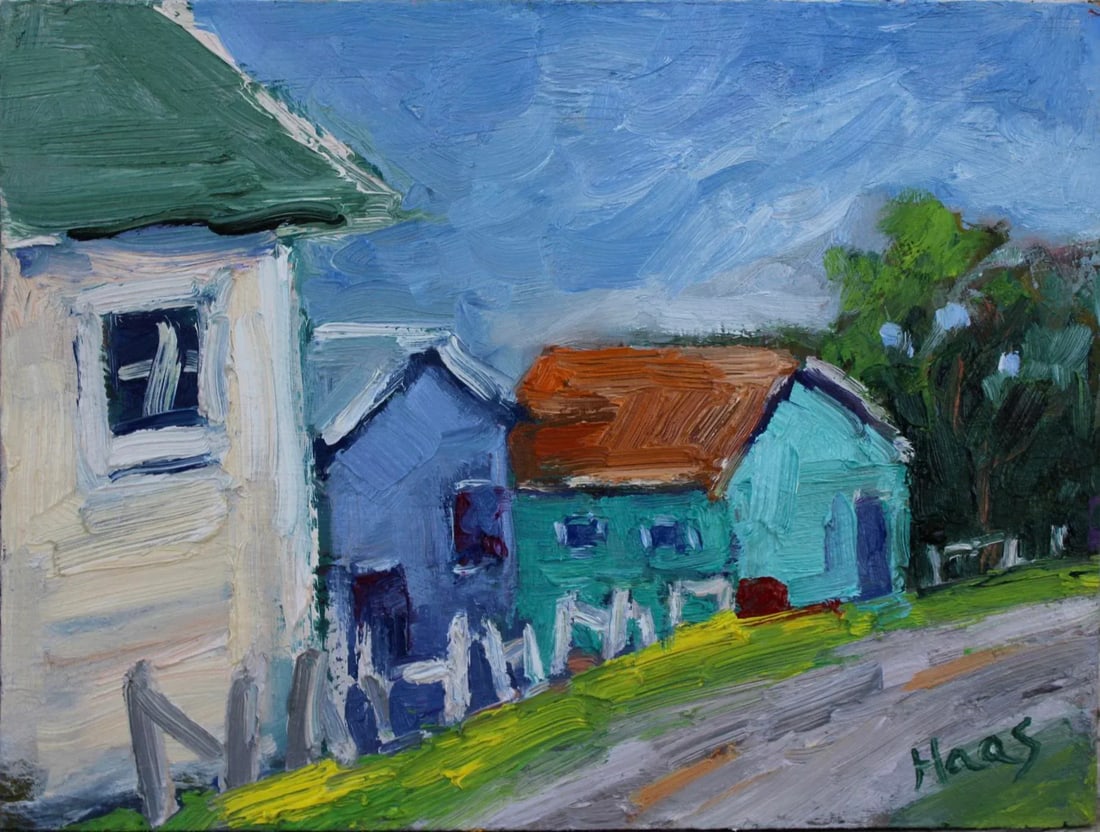 Modern Impressionist Oil Painting, Mendocino Alley: Quiet Places & Town Scenes - Mendocino Alley Original oil painting by L. Haas, 6 x 8 in unframed masonite panel with gesso layers, signed. A small impressionist view of a quiet alley in Mendocino