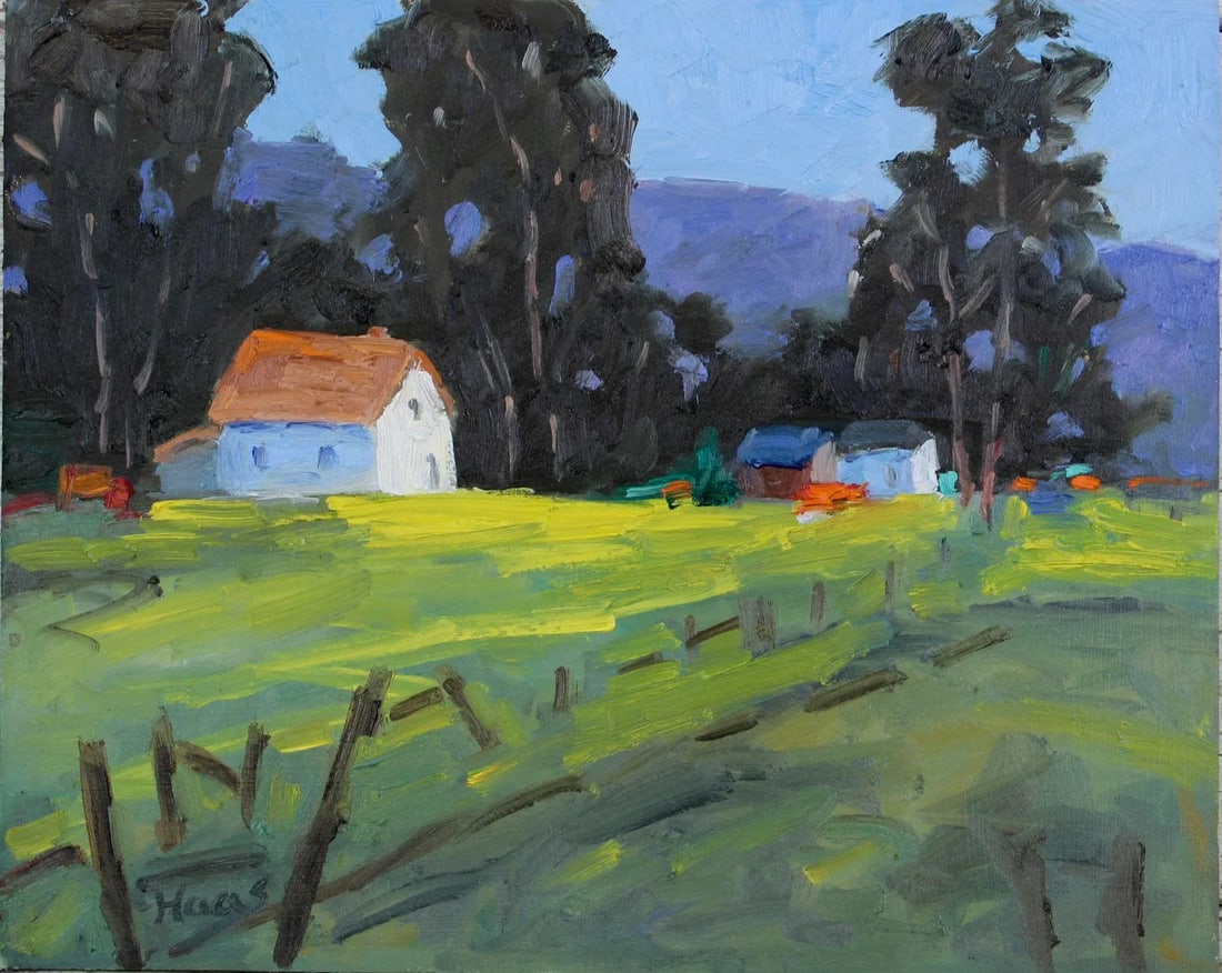 Mendocino Farmhouse, Modern Impressionist Oil: Quiet Places & Farm Views - Mendocino Farmhouse Original oil painting by L. Haas, 9.5 x 12 in unframed gesso-prepared masonite panel, signed. A peaceful impressionist landscape of a charming