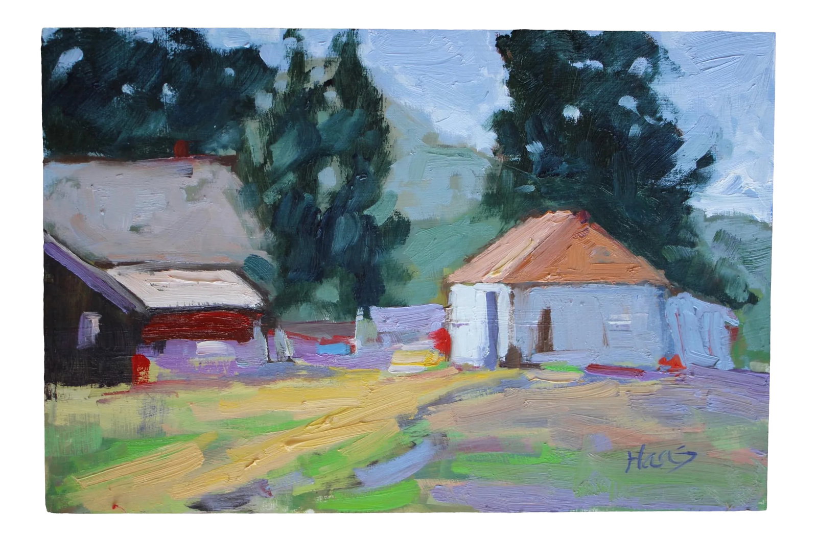 Impressionist Style California Oil Landscape Painting: Quiet Places & Journeys - Plein Air California Original oil painting by L. Haas, 12 x 8 in unframed masonite panel, signed. A small plein air landscape painted on the California coast near Cambria