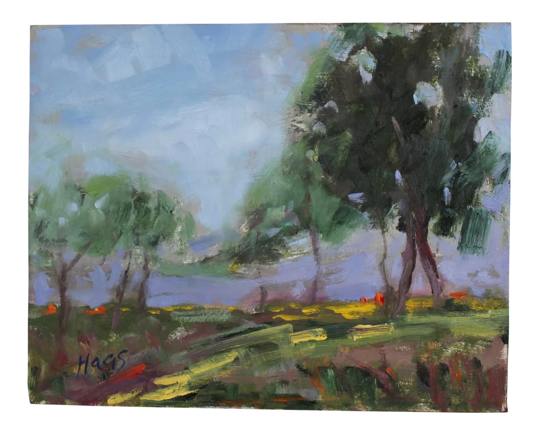Expressionist Trees Landscape in Oil: Quiet Places Collection - Along the Hike Original oil painting by L Haas, 10 x 8 unframed canvas, signed. A peaceful landscape of a wooded trail with soft color and thoughtful brushwork, evoking the