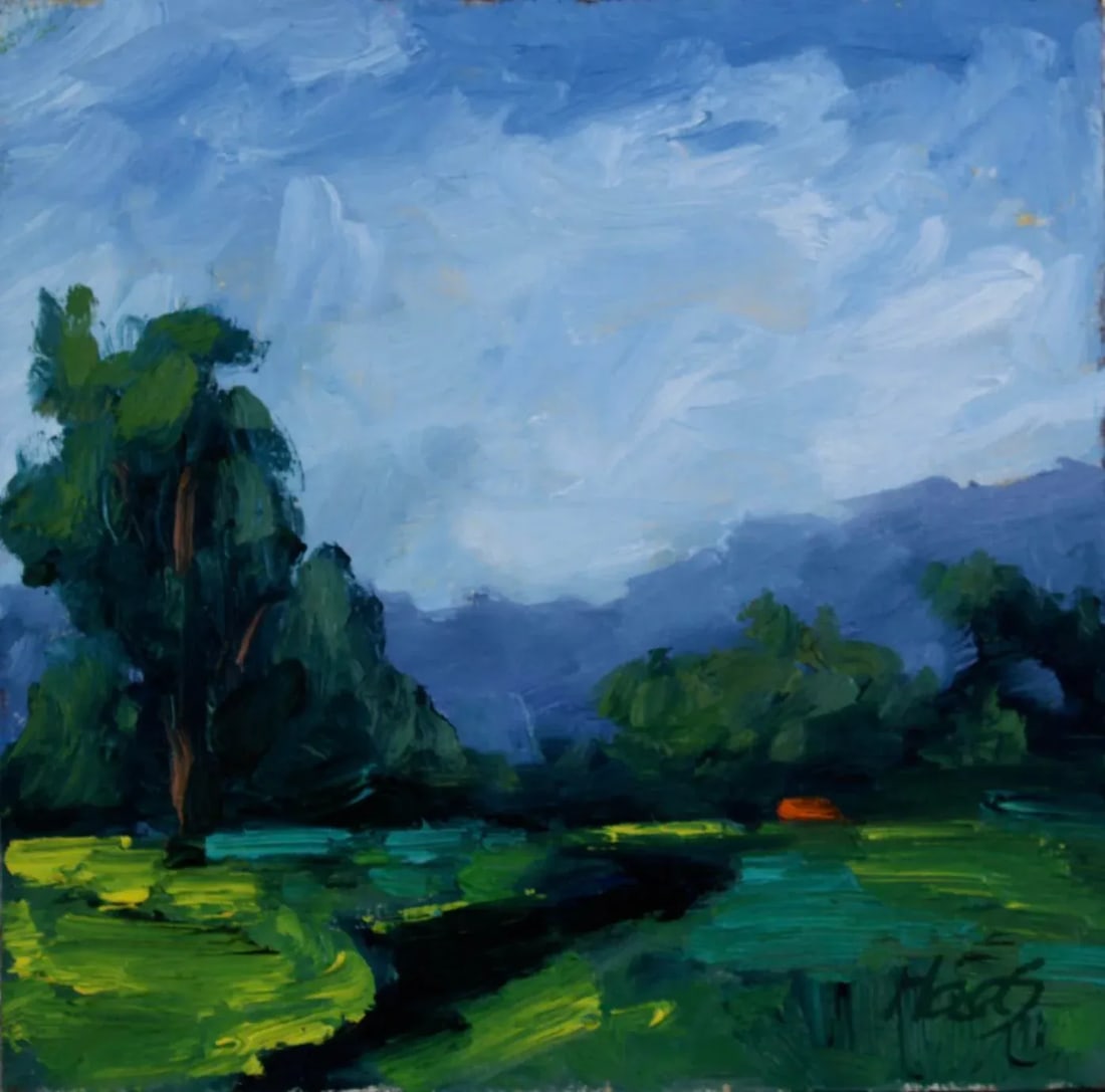 Contemporary Impressionist Style Oil Painting: Quiet Places & Journeys - Green Valley Original oil painting by L. Haas, 6 x 6 in unframed masonite panel, signed. A small impressionist landscape of Green Valley with layered greens and calm mood,