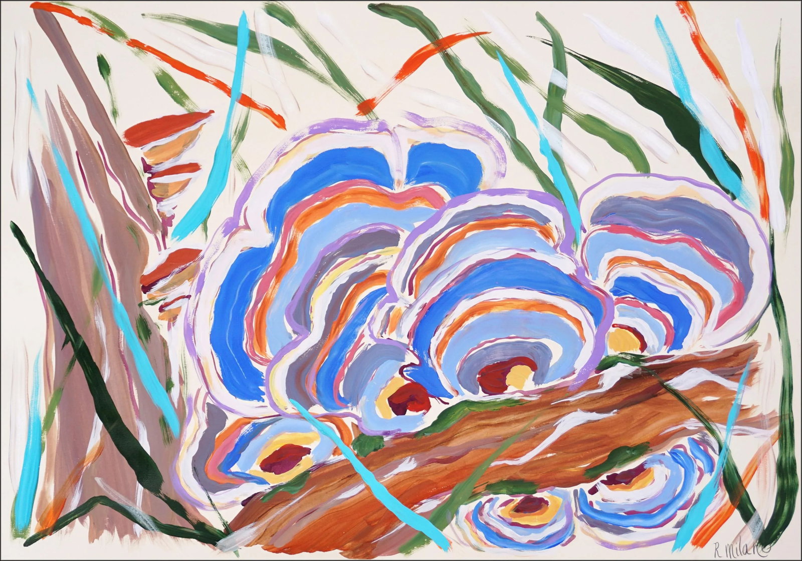 2024, Fauvist Forest Scene of "Turkey Tail Mushrooms in Blue", Acrylic Painting and India Ink on Wat (1 of 8)