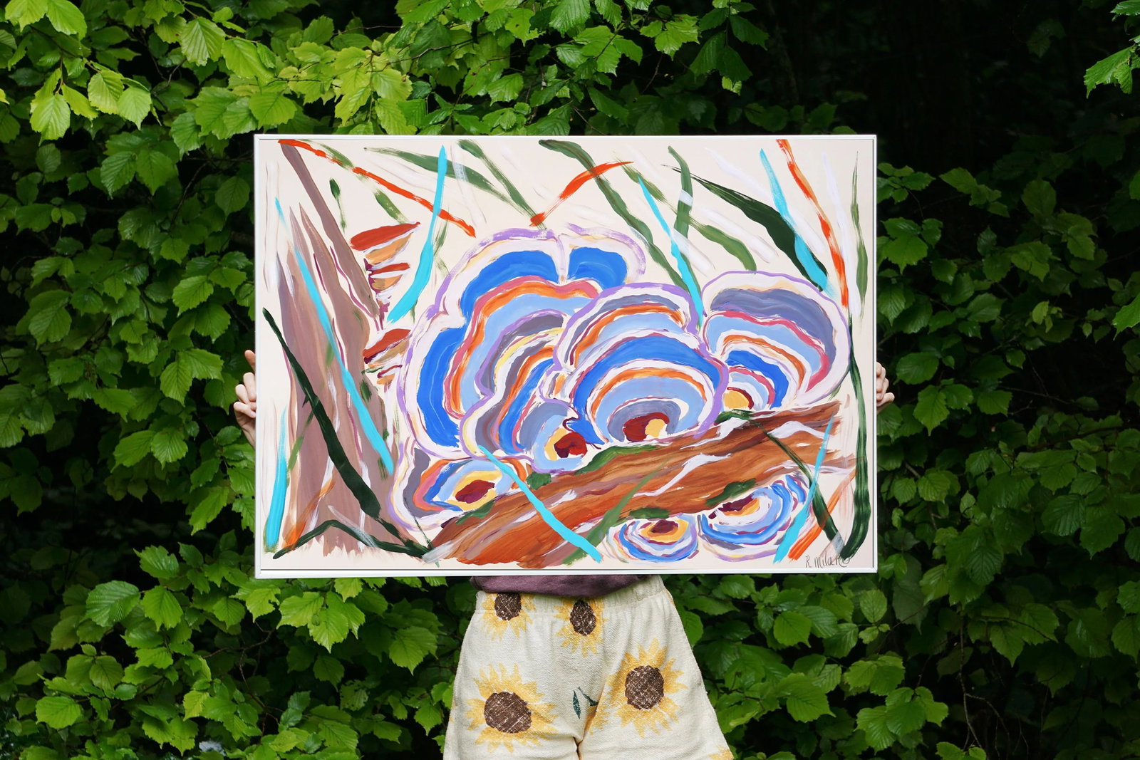 2024, Fauvist Forest Scene of "Turkey Tail Mushrooms in Blue", Acrylic Painting and India Ink on Wat - 2