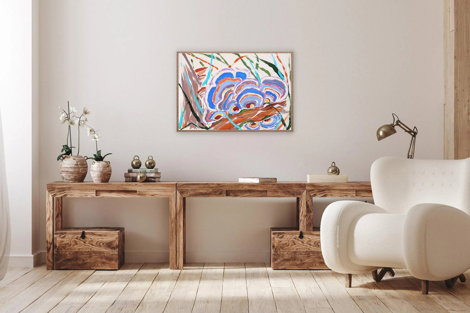 2024, Fauvist Forest Scene of "Turkey Tail Mushrooms in Blue", Acrylic Painting and India Ink on Wat - 4