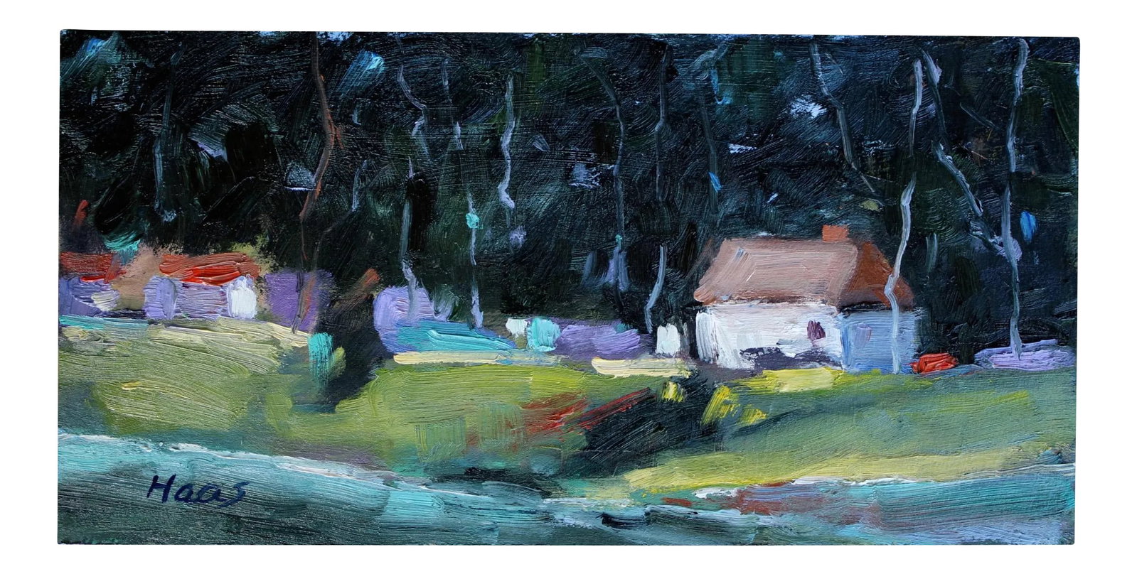 Impressionist Style Cambria Shoreline Original Oil Landscape: Quiet Places & Coastal - Cambria Shoreline Original oil painting by Lisa Haas, 12 x 6 unframed canvas panel, signed. A panoramic plein air study of the California coast near the small town of Cambria.