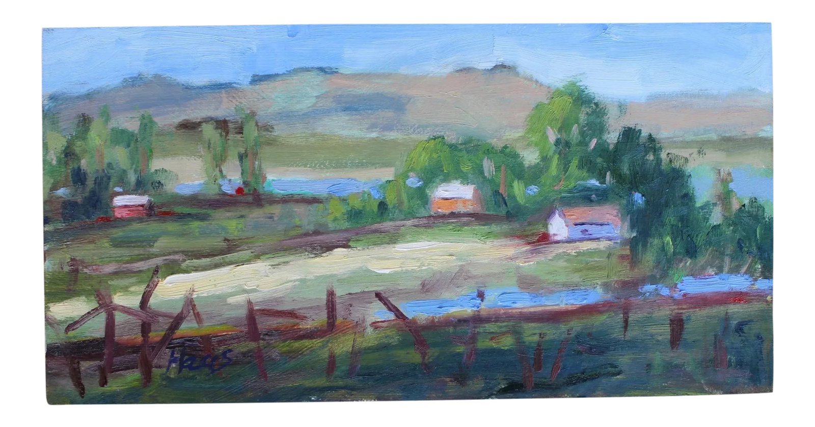 Modern Impressionist Plein Air California, Original Oil Painting: Quiet Places & Journeys - Plein Air California Original oil painting by Haas, 12 x 6 unframed canvas panel, signed. A "fast and loose" plein air landscape painted in the local California countryside. 