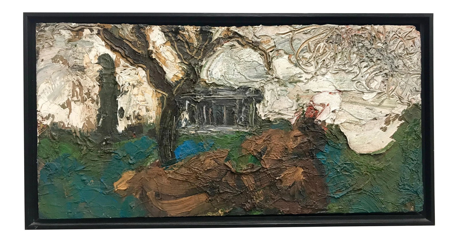 Mid Century Impressionist Oil on Board: Thick heavy paint. Nude in landscape. Oil on board in floating frame. Mid 20th century. Unsigned. Condition: Alterations: Original Condition Unaltered Imperfections: Some Imperfections Condition