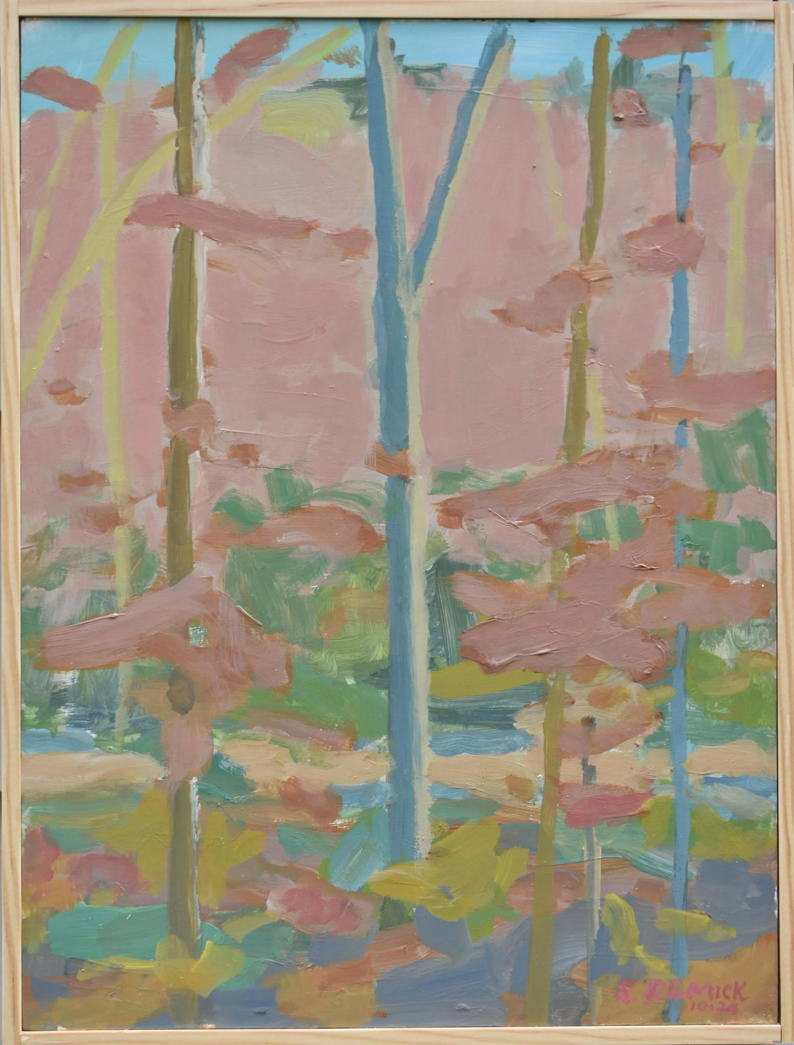 Contemporary Expressionist Landscape Painting, Autumn Sunshine on the Mountainside, by Stephen Remic: The fleeting beauty of autumn in New England, this painting specifically, in Vermont. Pastel pinks and soft greens evoke a serene yet invigorating escape into nature. This was painted en plain air, as