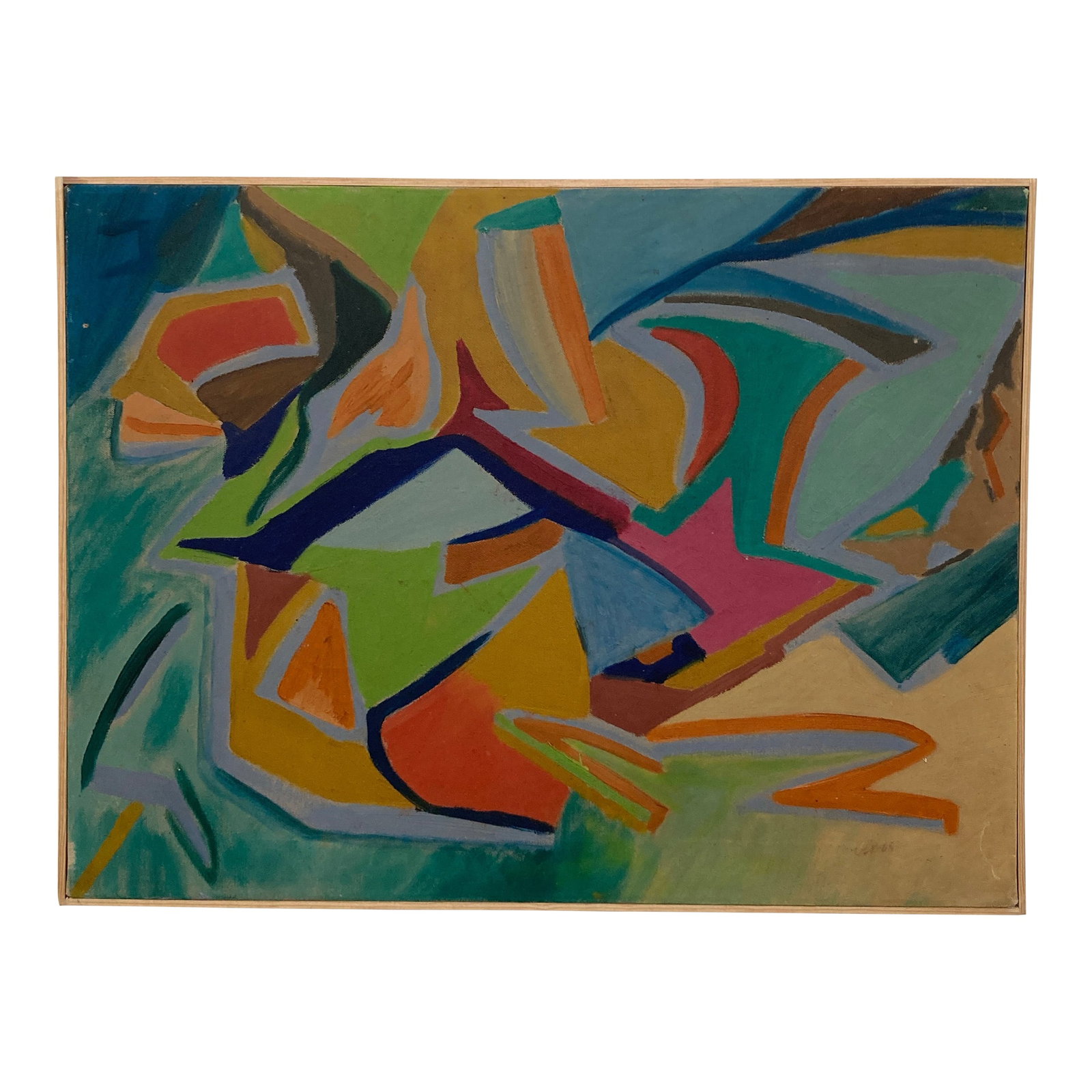 1960s Pauline Schubart Signed Mid-Century Abstract Landscape Oil Painting: 1960s mid-century modernist female artist oil painting. This is on trend for building collections. Oil on canvas in wood frame. Signed verso and lower right. Condition: Alterations: Original Condition
