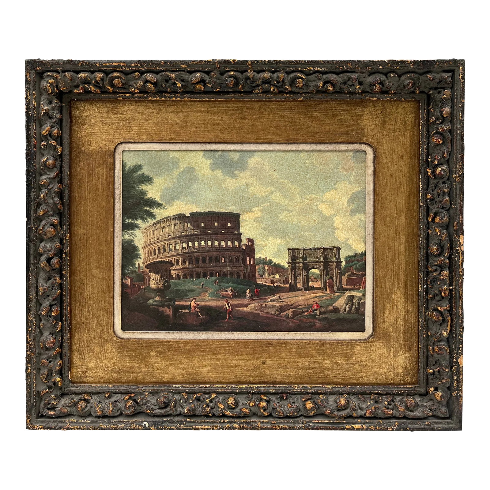 Antique Framed Italian Print: A single antique print of a Roman landscape featuring the coliseum. Finished with double mat and a gilt carved wood frame. Condition: Alterations: Original Condition Unaltered Imperfections: Some