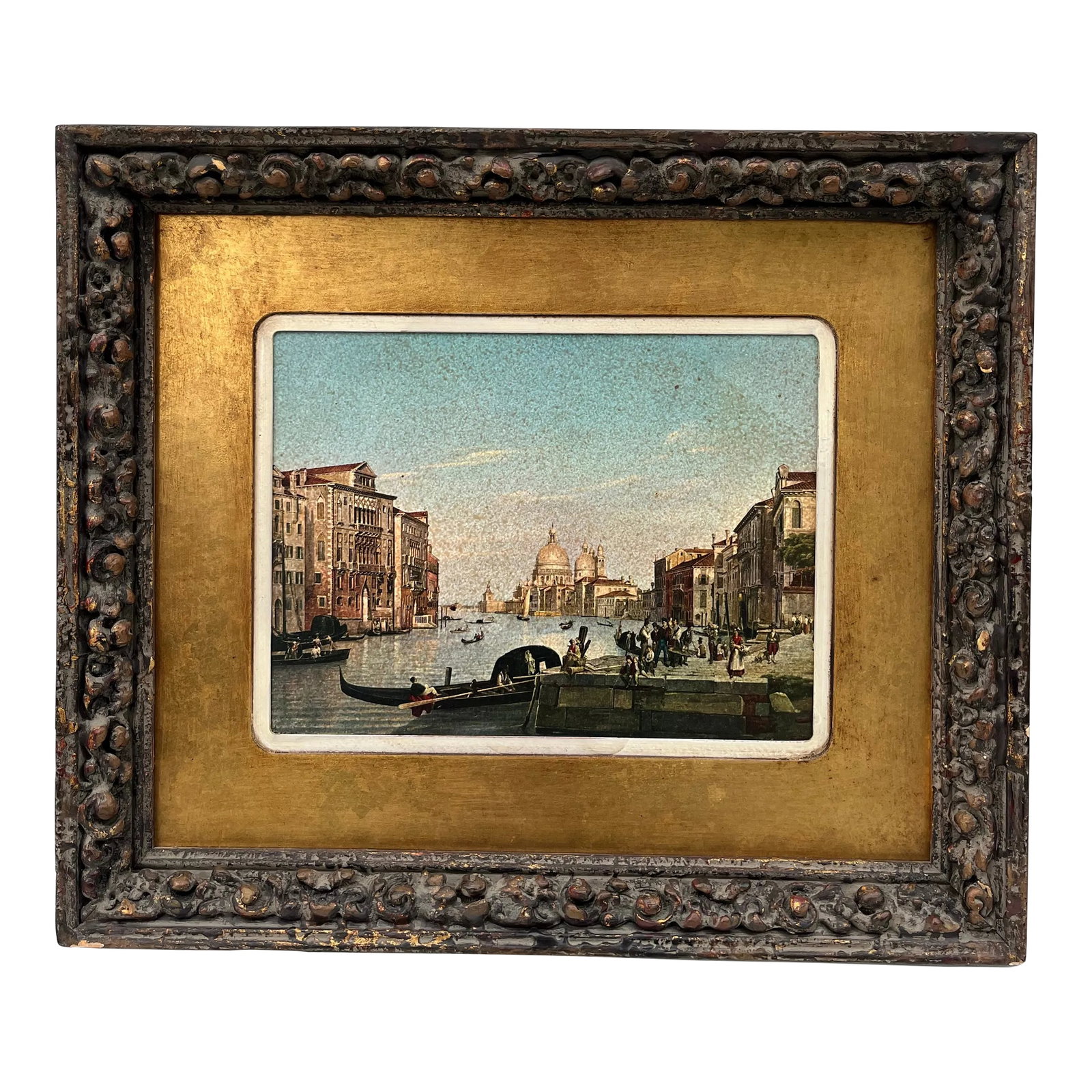 Antique Framed Italian Print: A single antique print of a Venetian landscape featuring the grand canal in Venice. Finished with double mat and a gilt carved wood frame. Condition: Alterations: Original Condition Unaltered
