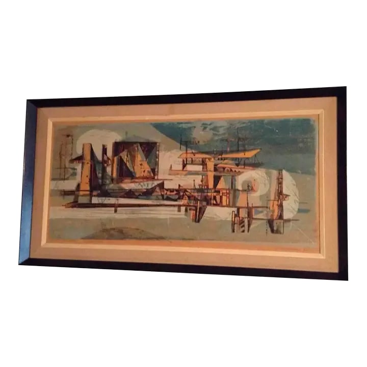 Mid Century Modern Aerial City Serigraph on Board Dated 1958 (1 of 9)