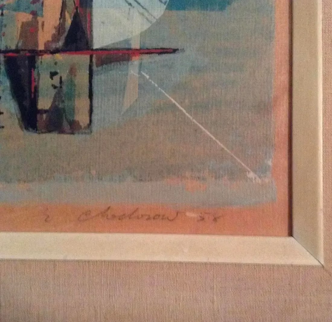 Mid Century Modern Aerial City Serigraph on Board Dated 1958 - 2