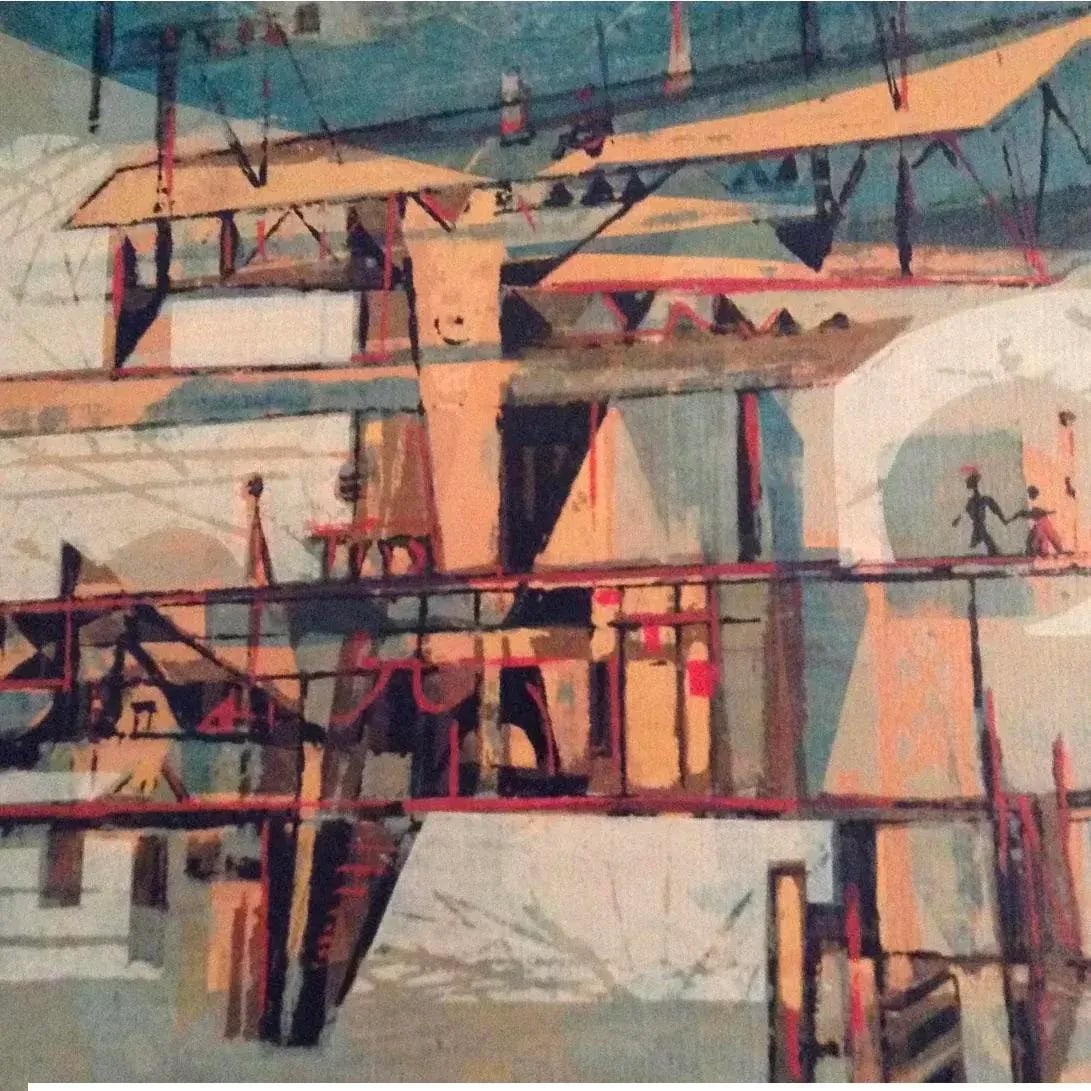 Mid Century Modern Aerial City Serigraph on Board Dated 1958 - 5