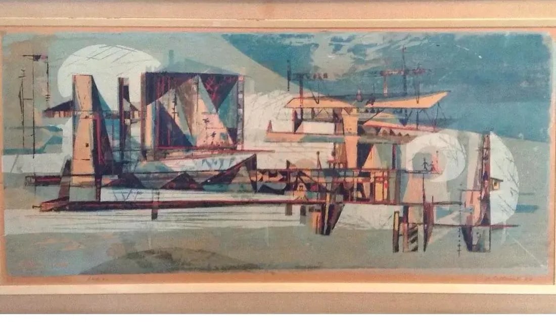 Mid Century Modern Aerial City Serigraph on Board Dated 1958 - 8