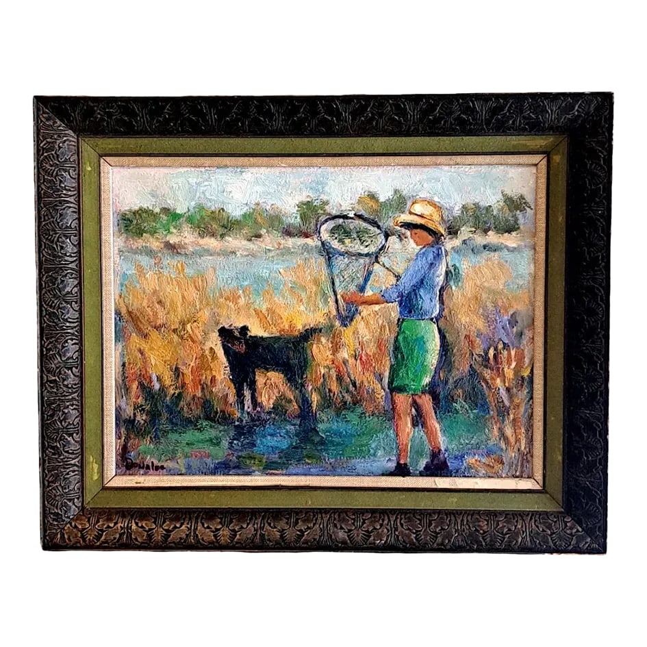 Original Oil Painting Coastal Marsh Boy With Net: This is an original oil painting landscape marsh seascape of a boy and his dog in the marsh. Impressionistic style painting. It is painted in Chunky Impasto style Oil Paint. by Donalee. This painted