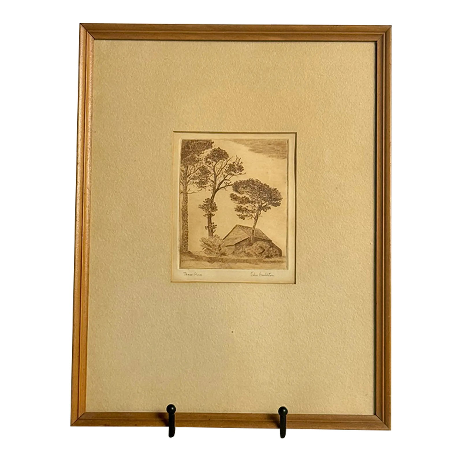 1900s Antique Forest Print, "Three Pines" by John Hambleton: Antique American print of "Three Pines" etching by John Hambleton circa 1900s. Original cream matting and maple moulding. Beautiful sepia patina. Condition: Alterations: Original Condition Unaltered
